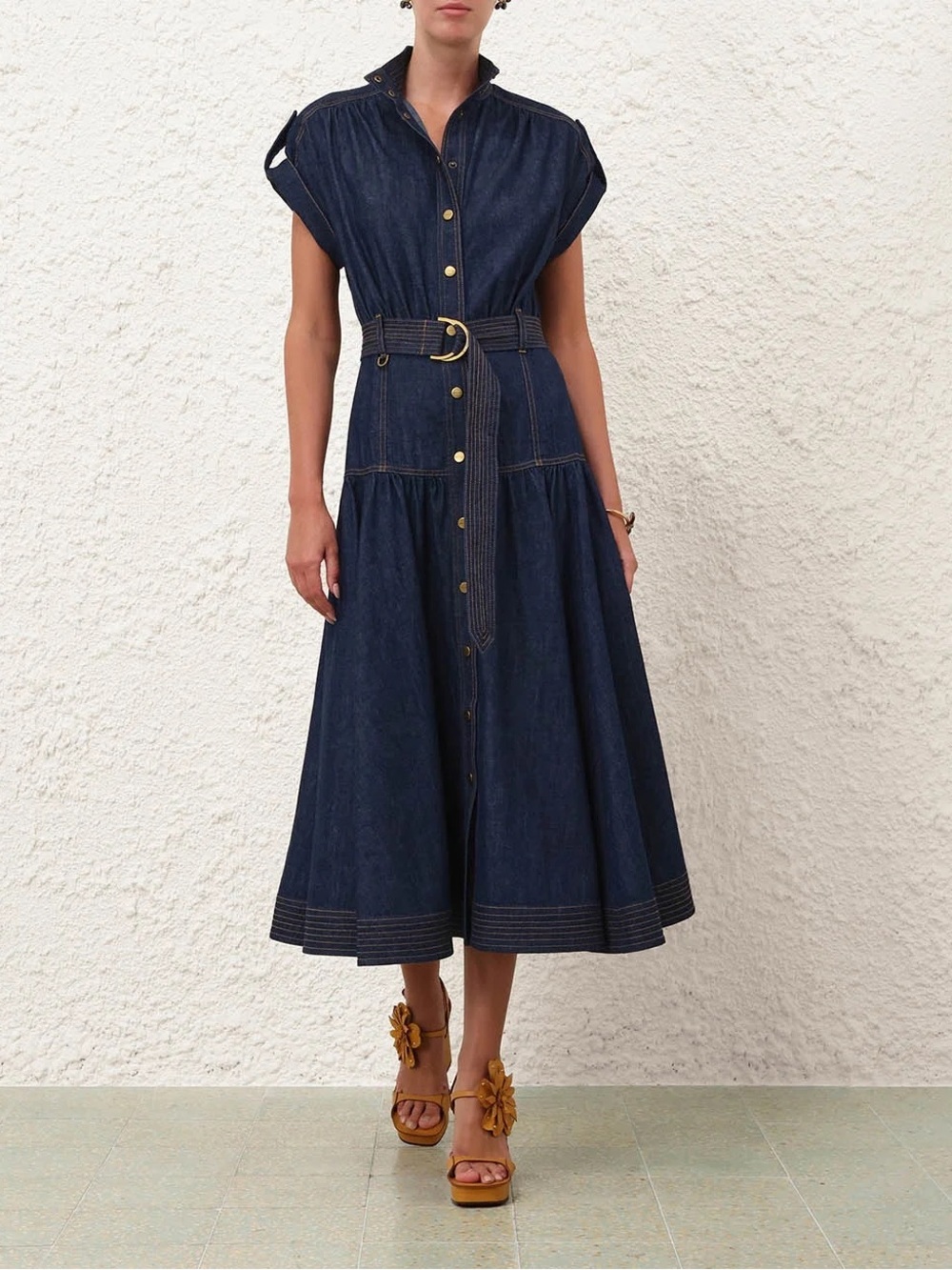 Zimmerman Denim Belted Puff Sleeve Midi-Dress - Picture 2 of 9